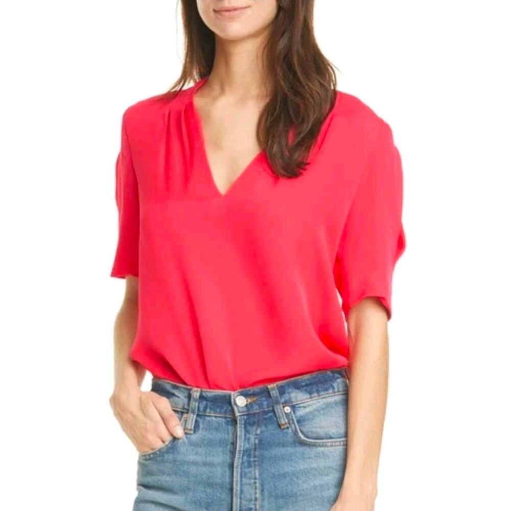 Joie Ance Silk Blouse V Neck Short Sleeve Top Sz L Dragonfruit Pink Career Work